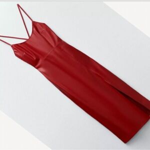 ZARA MIDI STRAPPY FAUX LEATHER DRESS DARK RED XS